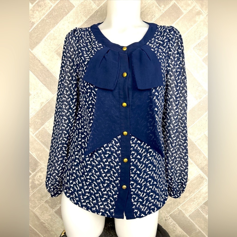 Max C navy blue ruffled neck blouse with sheer arms horse print